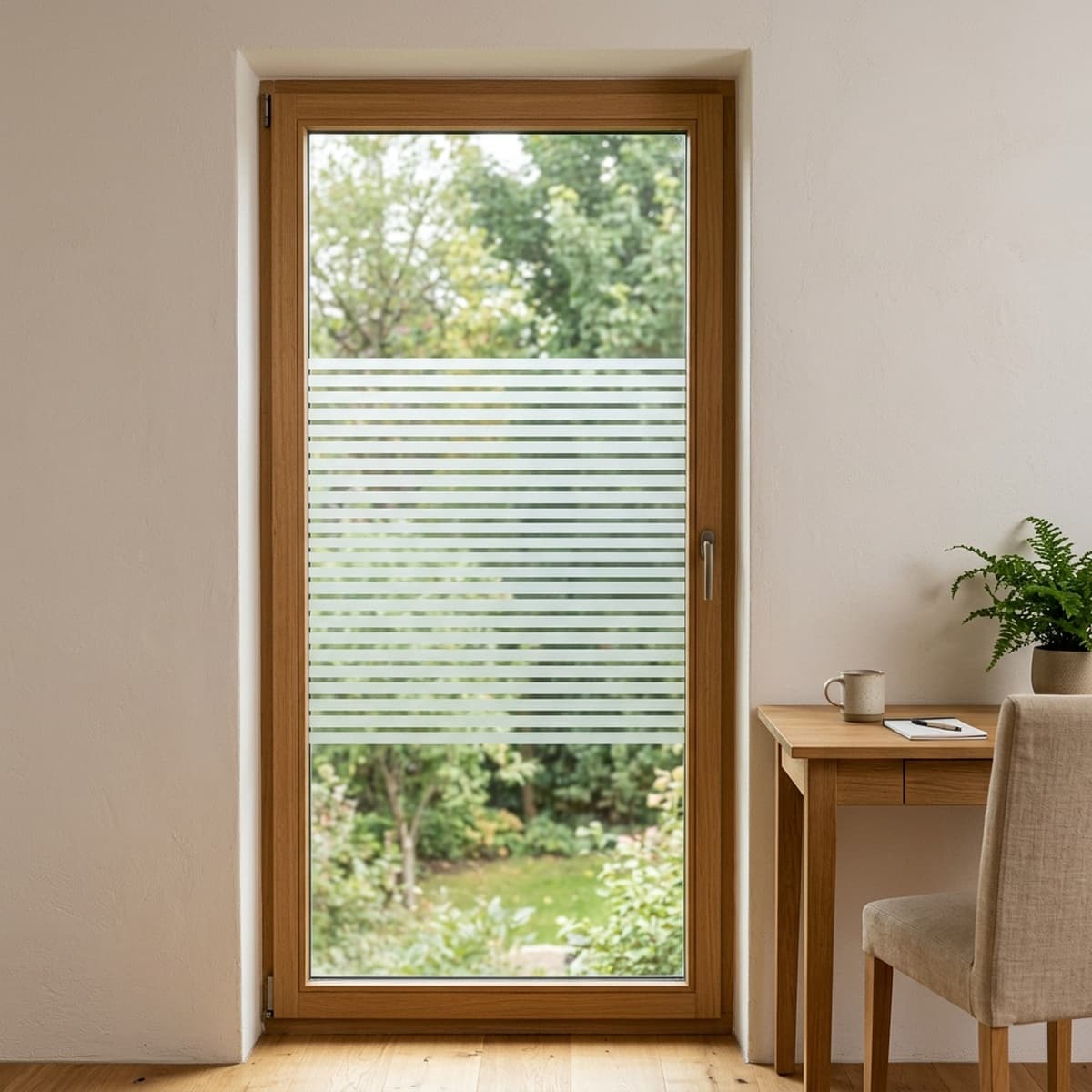 KI-Anwendungsvisualisierung: Fenster mit mattierten Dekorstreifen und freien Glasbereichen