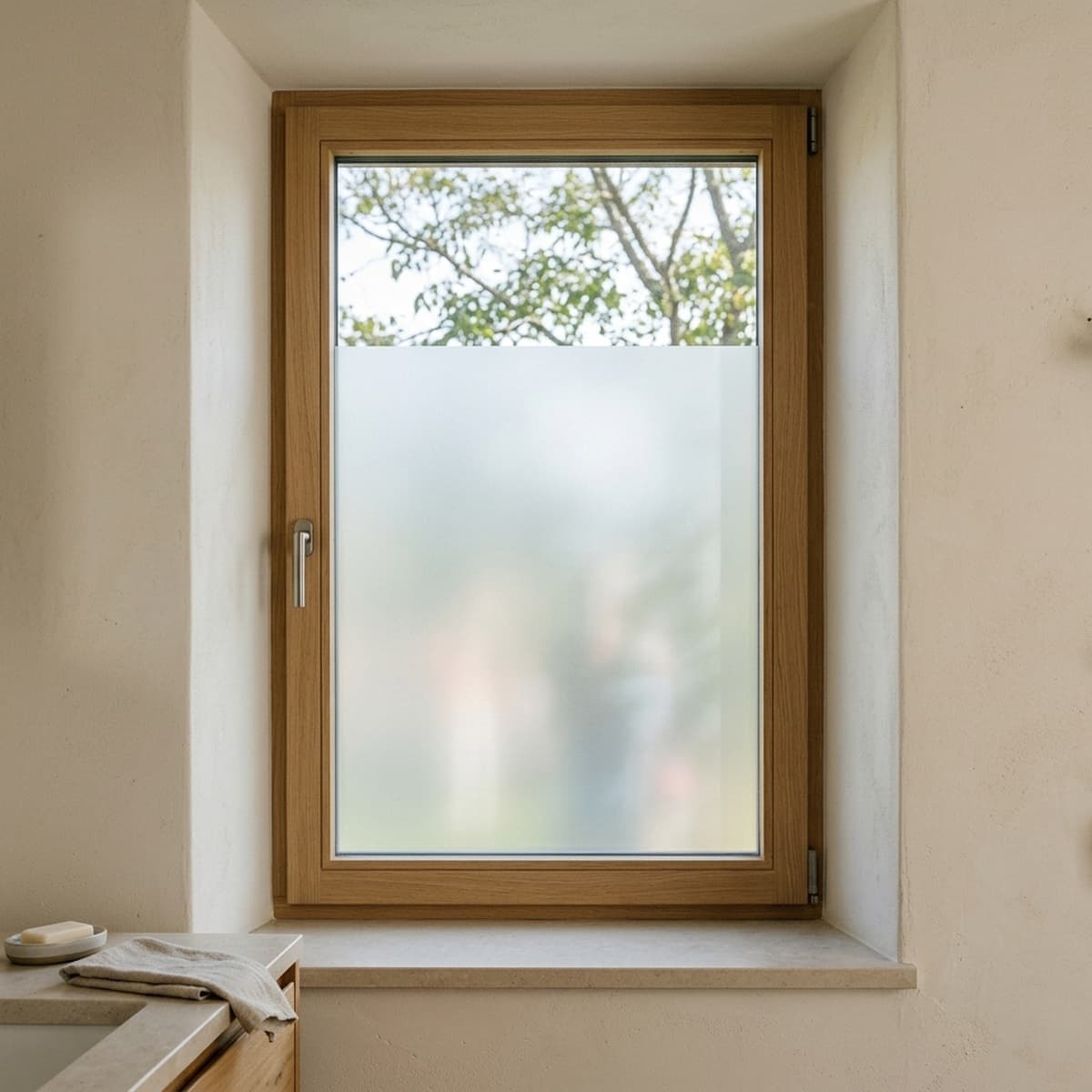 KI-Anwendungsvisualisierung: Badfenster mit einer mattierten Sichtschutzfläche