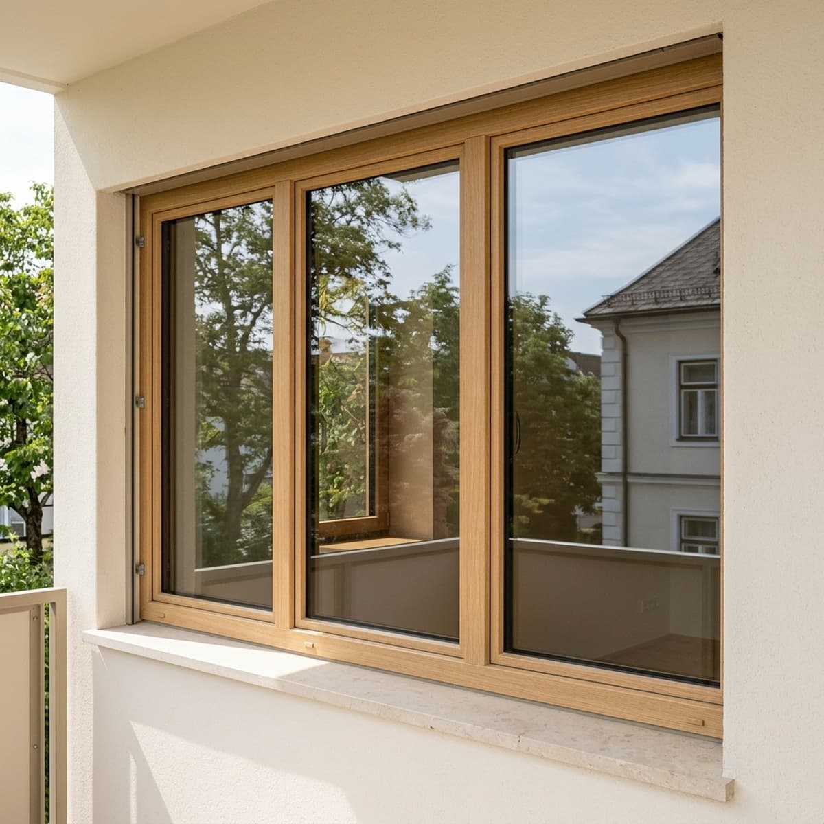 KI-Anwendungsvisualisierung: Außenansicht eines Fensters mit reflektierender Sonnenschutzfolie