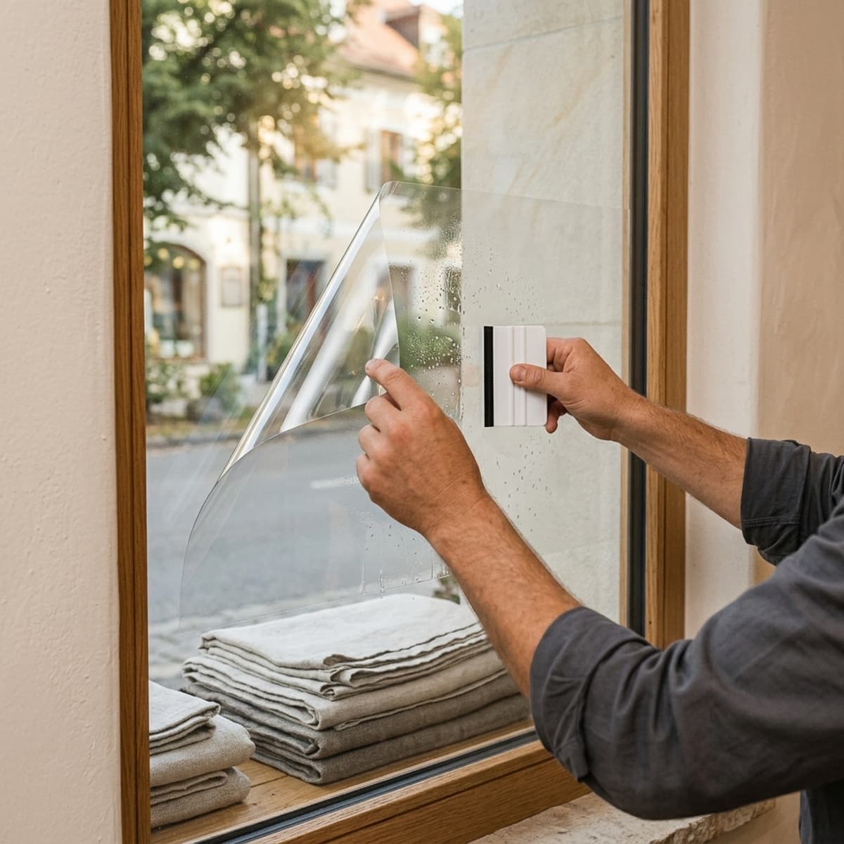 KI-Anwendungsvisualisierung: Montage einer klaren UV-Schutzfolie auf einer Fensterscheibe