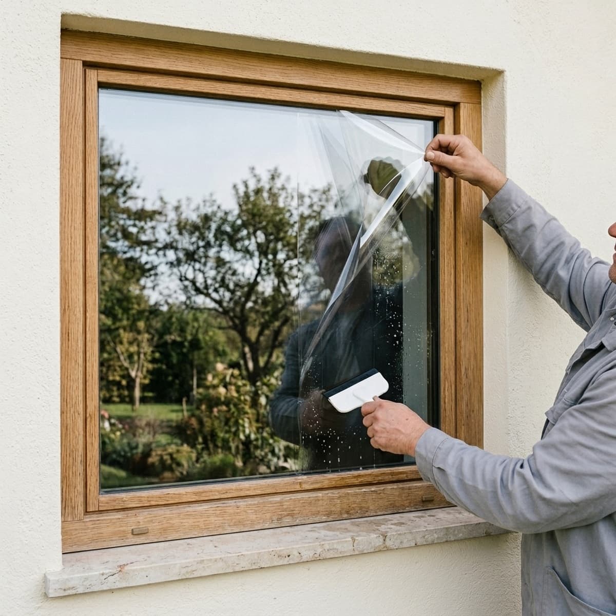 KI-Anwendungsvisualisierung: Montage einer Vogelschutzfolie auf der Außenseite einer Fensterscheibe