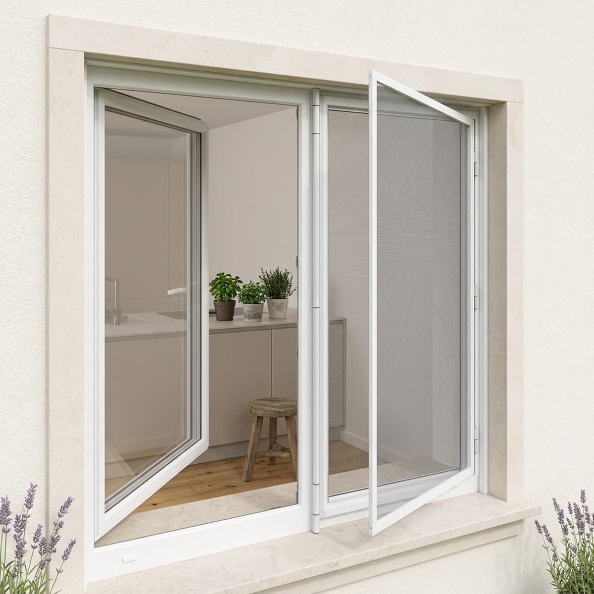 KI-Anwendungsvisualisierung: Insektenschutz-Drehrahmen für Fenster in einer beispielhaften Einbausituation