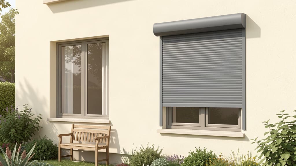 Helle Hausfassade mit zwei Fenstern, einem teilweise abgesenkten grauen Vorsatz-Rollladen und einer Holzbank im Garten