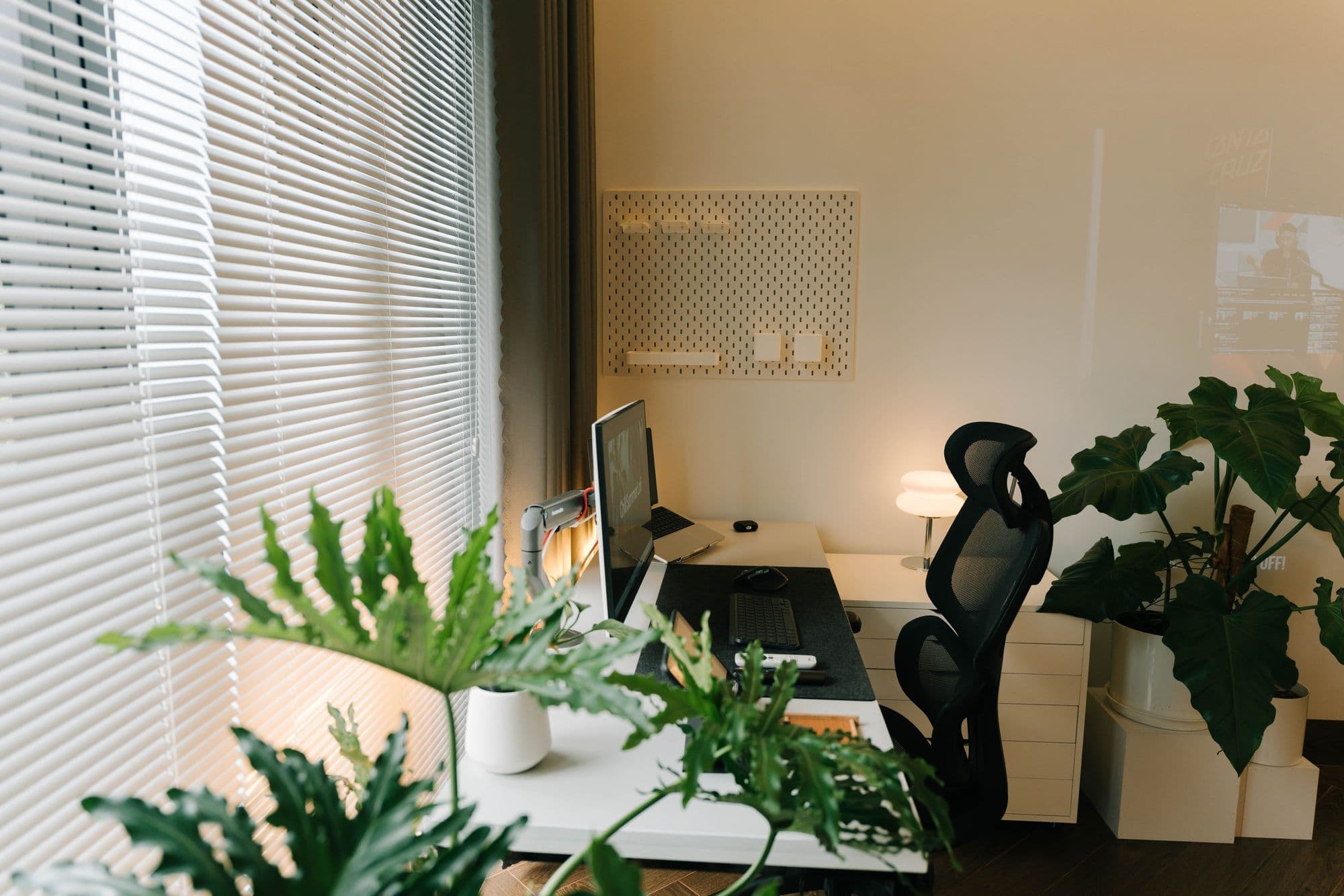 Heller Arbeitsplatz mit Schreibtisch, Monitor und Pflanzen neben einem Fenster mit weißen Innenjalousien