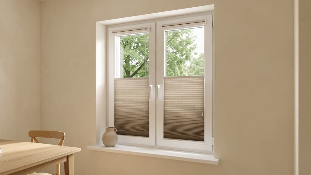 Heller Essbereich mit zweiflügeligem weißem Fenster, beigefarbenen Plissees vor der unteren Glasfläche und frei sichtbaren mittigen Fenstergriffen