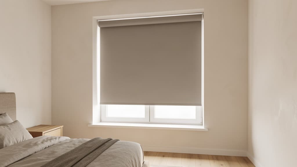 Schlafzimmer mit hellem Bett, Holznachttisch und vollständig sichtbarem Fenster mit teilweise abgesenktem graubraunem Stoffrollo