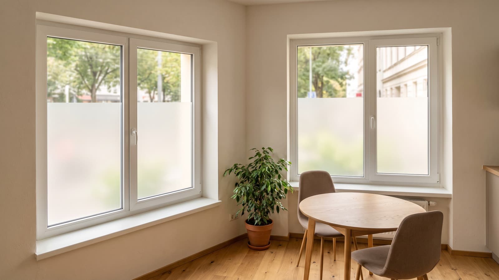 Heller Essbereich mit zwei Fenstern, matten unteren Glasflächen, klaren oberen Bereichen und einem runden Holztisch.
