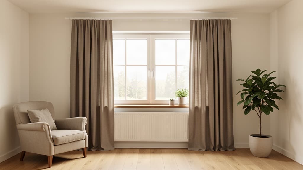 Heller Wohnraum mit Fenster, Heizkörper unter der Fensterbank und seitlich geöffneten taupefarbenen Vorhängen an einer weißen Schiene